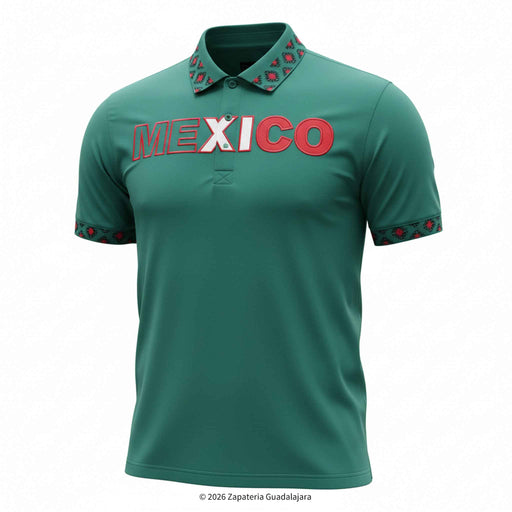 Green polo shirt with 'MEXICO' printed on it against a white background