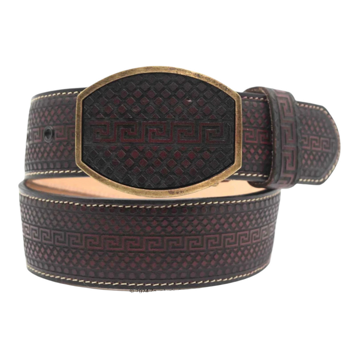 H070 MEN WESTERN 2 LASER LEATHER BELT BLACK CHERRY