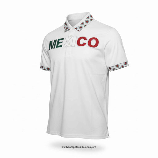 White polo shirt with 'MEXICO' text on a white background