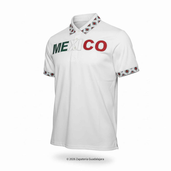 White polo shirt with 'MEXICO' text on a white background