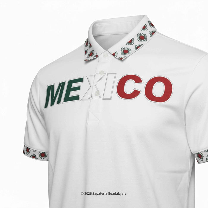 White polo shirt with 'MEXICO' printed on it, featuring green and red text.