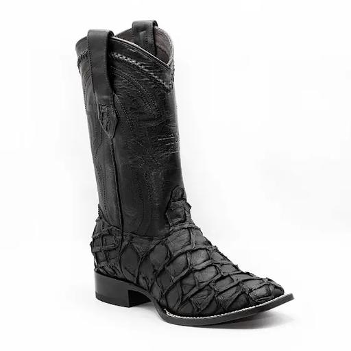A pair of men's black matte leather boots with a wide square toe and unique exotic leather texture.