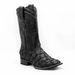 A pair of men's black matte leather boots with a wide square toe and unique exotic leather texture.