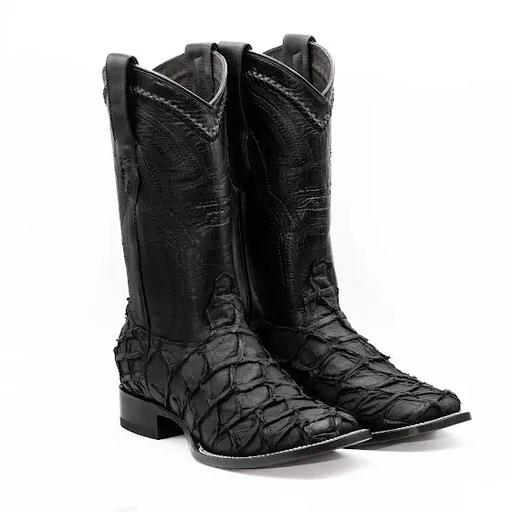 Pair of black cowboy boots with textured design on a white background