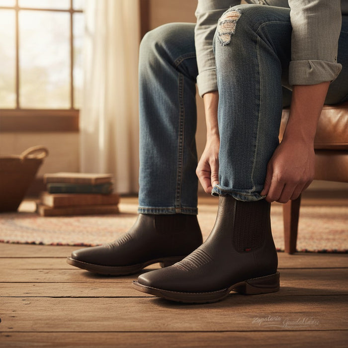 Zapateria Guadalajara men's dark brown leather square toe boots with rubber sole and pull tabs.
