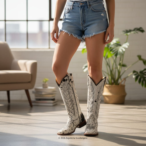 Zapateria Guadalajara tall cow hair leather boots with square toe, 17" shaft, and 1.5" heel. Unique black and white pattern.