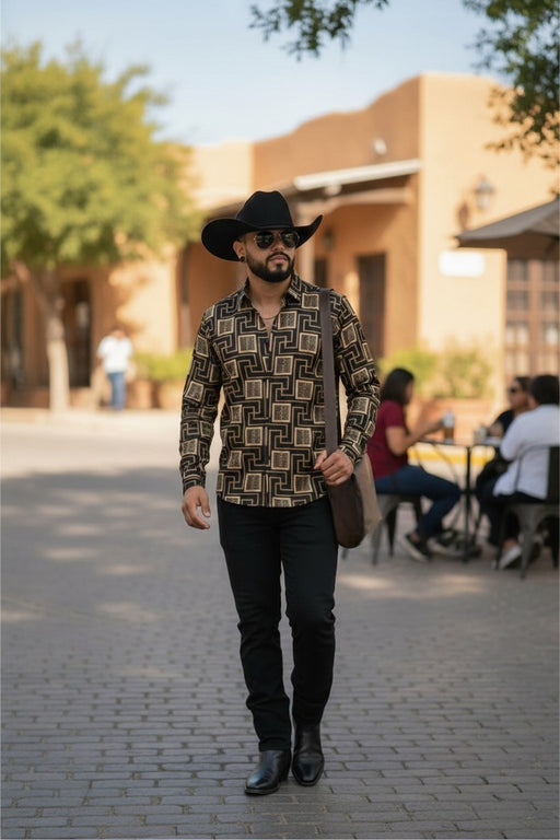 Zapateria Guadalajara men's black long-sleeve shirt with a geometric print, featuring a modal-spandex blend.