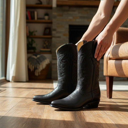 Zapateria Guadalajara classic black leather J-toe cowboy boots with intricate Western stitching and a pointed toe.
