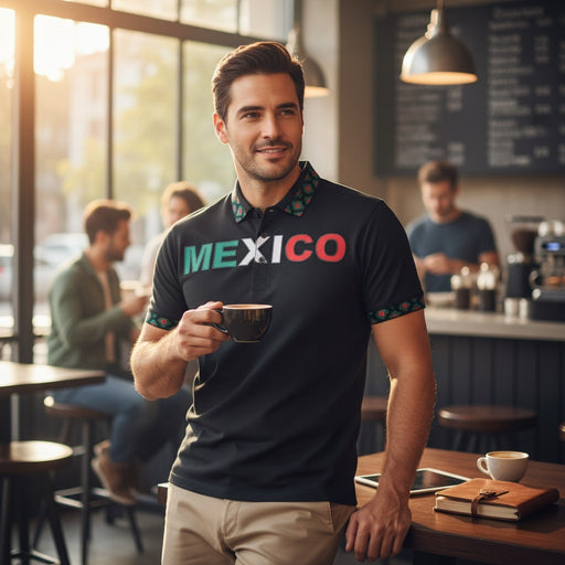 Zapateria Guadalajara black Mexico polo shirt with embroidered collar and sleeves, featuring the word MEXICO in green, white, and red.