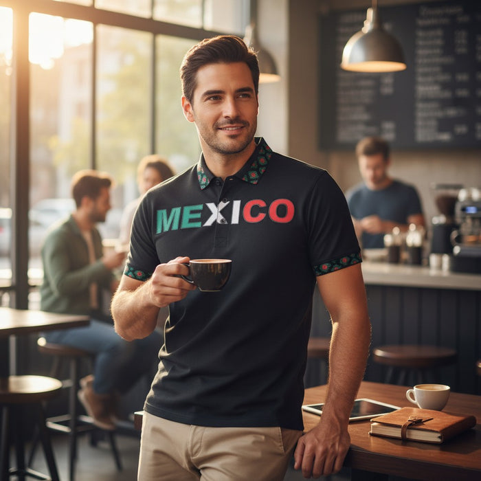 Zapateria Guadalajara black Mexico polo shirt with embroidered collar and sleeves, featuring the word MEXICO in green, white, and red.