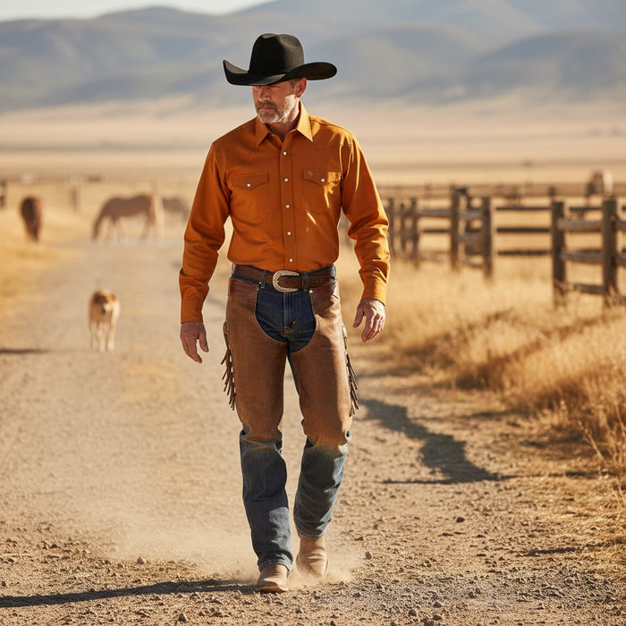 Zapateria Guadalajara solid cognac western long sleeve 100% cotton shirt with snap buttons and flap pockets.