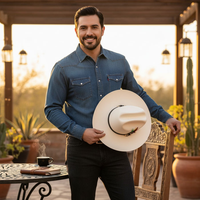 Zapateria Guadalajara cream cowboy hat with black band and colorful feather accent. Limited edition.
