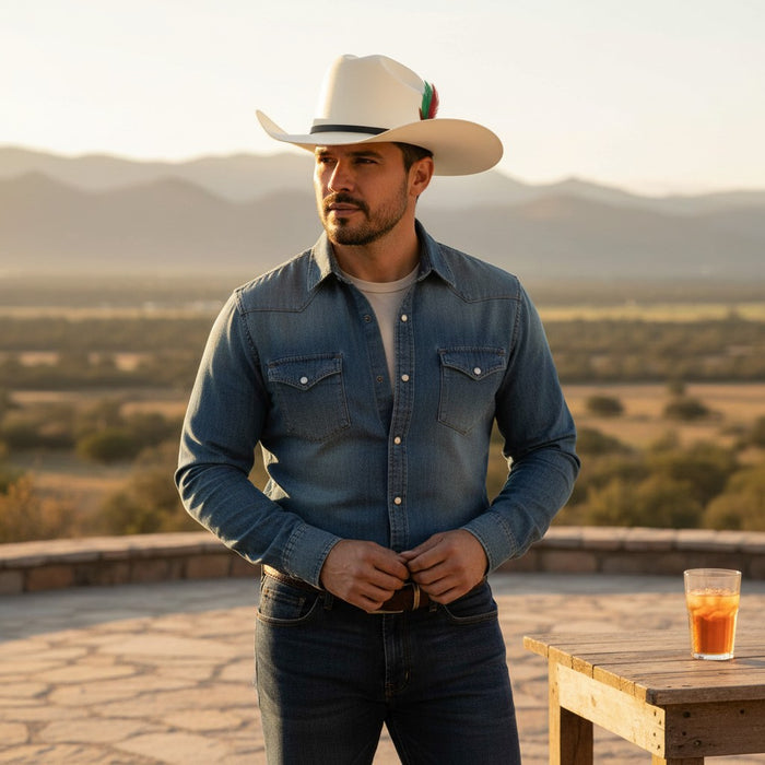 Zapateria Guadalajara cream felt cowboy hat with black band and decorative feathers. Limited edition.