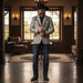 Zapateria Guadalajara grey suede western blazer with black embroidered details on collar and pockets. Two-button closure.
