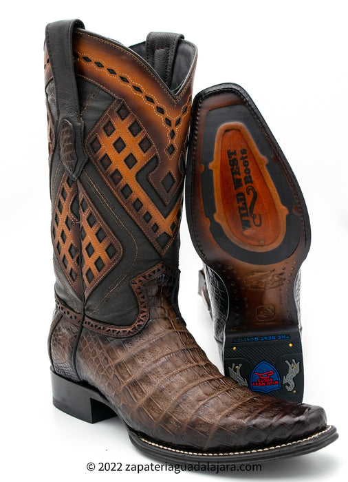 2768216 NARROW SQUARE TOE CAIMAN BELLY FADED BROWN | Genuine Leather Vaquero Boots and Cowboy Hats | Zapateria Guadalajara | Authentic Mexican Western Wear