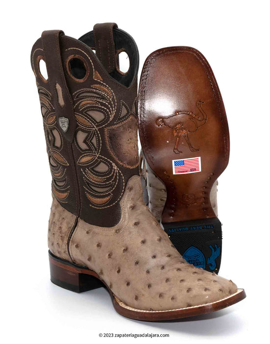 28240372 WIDE SQUARE TOE OSTRICH MOCHA | Genuine Leather Vaquero Boots and Cowboy Hats | Zapateria Guadalajara | Authentic Mexican Western Wear