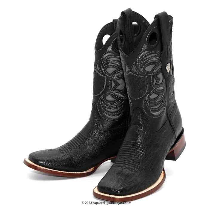28249705 WIDE SQUARE TOE SMOOTH OSTRICH BLACK | Genuine Leather Vaquero Boots and Cowboy Hats | Zapateria Guadalajara | Authentic Mexican Western Wear