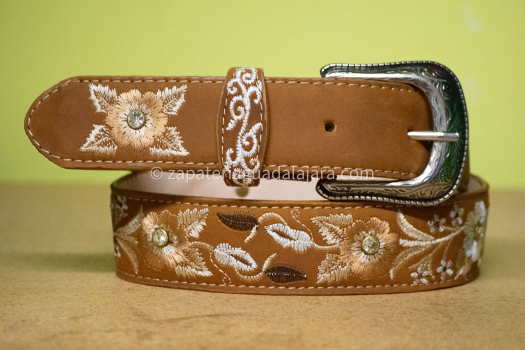 BL-1004 WOMEN BELT EMBROIDERED CRAZY TAN | Genuine Leather Vaquero Boots and Cowboy Hats | Zapateria Guadalajara | Authentic Mexican Western Wear