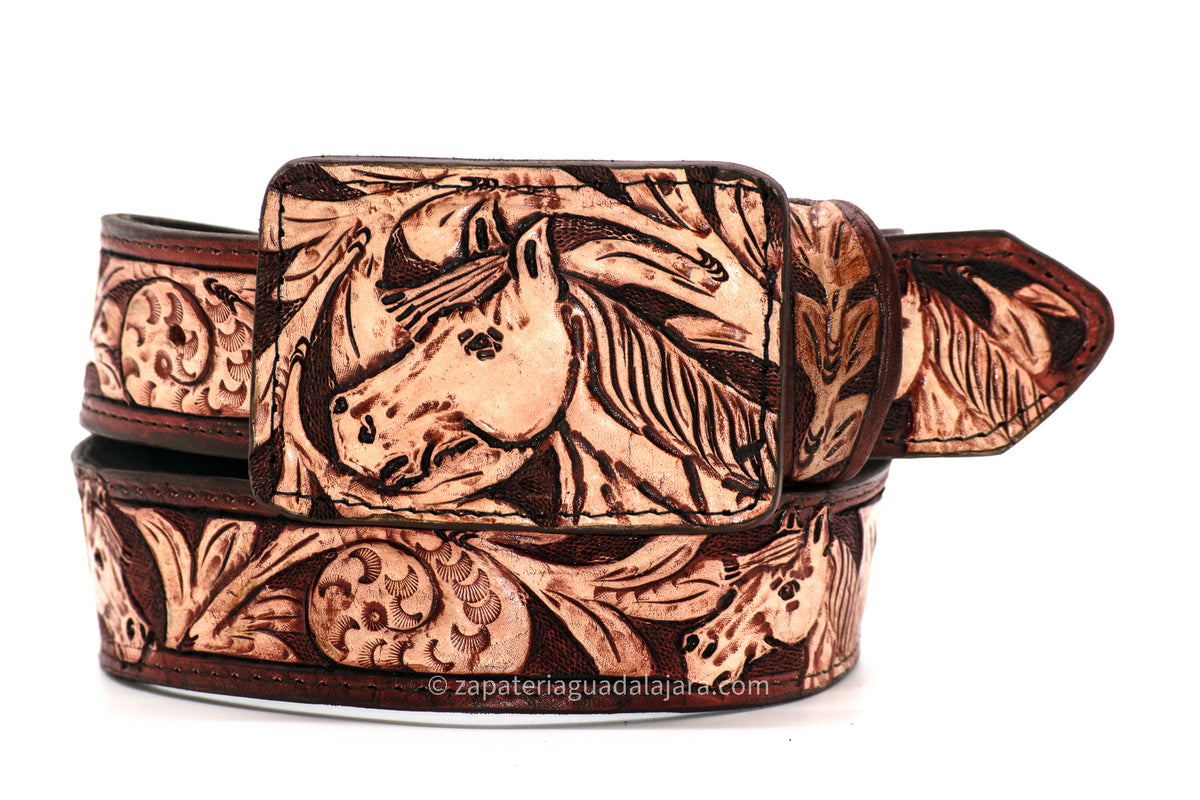 HAND TOOLED BELT HORSE SHEDRON | Genuine Leather Cowboy Boots and