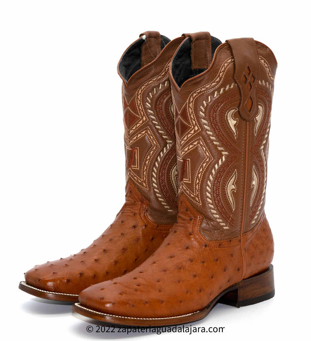 JB703 WIDE SQUARE TOE OSTRICH COGNAC | Genuine Leather Vaquero Boots and Cowboy Hats | Zapateria Guadalajara | Authentic Mexican Western Wear