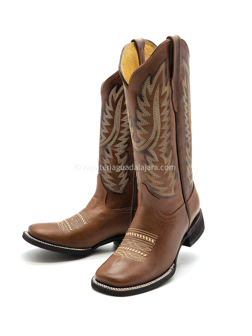 Q322N8307 WOMEN WIDE SQUARE TOE GRASSO BROWN | Genuine Leather Vaquero Boots and Cowboy Hats | Zapateria Guadalajara | Authentic Mexican Western Wear