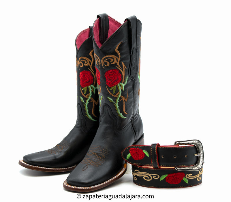 Q322R6205 TOE RED ROSES BLACK Genuine Leather Cowboy Boots Hats — Zapateria Guadalajara
