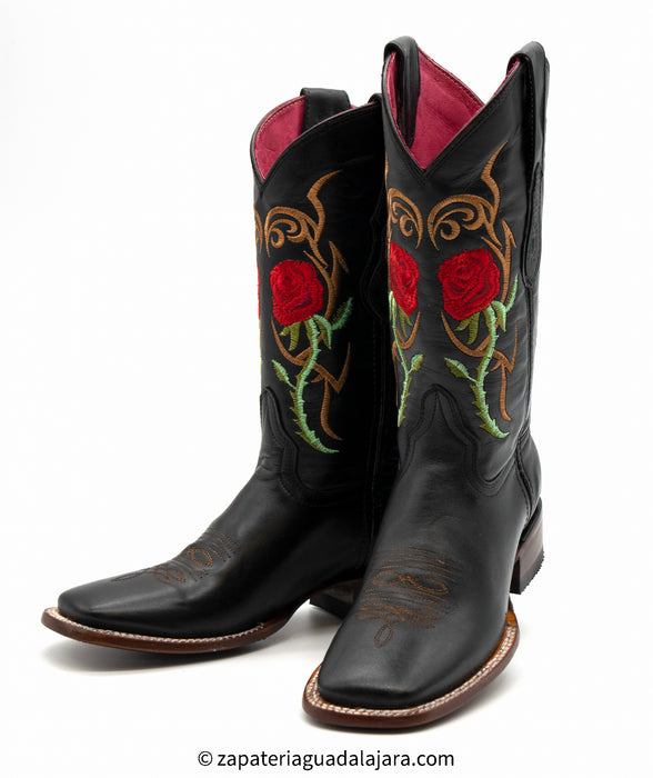 WOMEN'S WIDE SQUARE TOE RED ROSES BLACK LEATHER BOOT -Q322R6205 ...