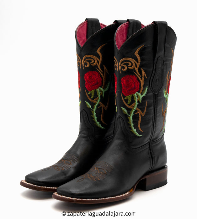 Q322R6205 WIDE SQUARE TOE RED ROSES BLACK | Genuine Leather Vaquero Boots and Cowboy Hats | Zapateria Guadalajara | Authentic Mexican Western Wear