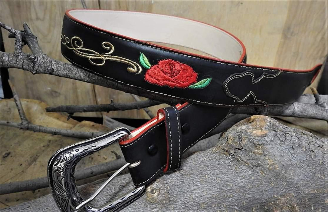 QC-101 RODEO BELT BLACK RED ROSES | Genuine Leather Vaquero Boots and Cowboy Hats | Zapateria Guadalajara | Authentic Mexican Western Wear