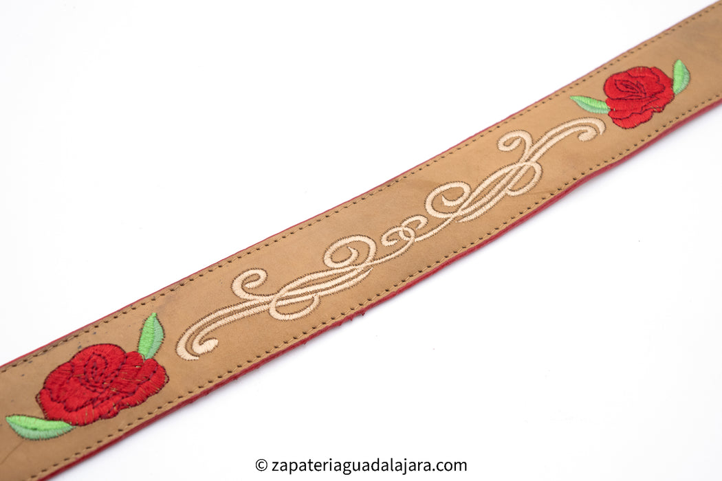 QC-99 RODEO BELT HONEY RED ROSES | Genuine Leather Vaquero Boots and Cowboy Hats | Zapateria Guadalajara | Authentic Mexican Western Wear