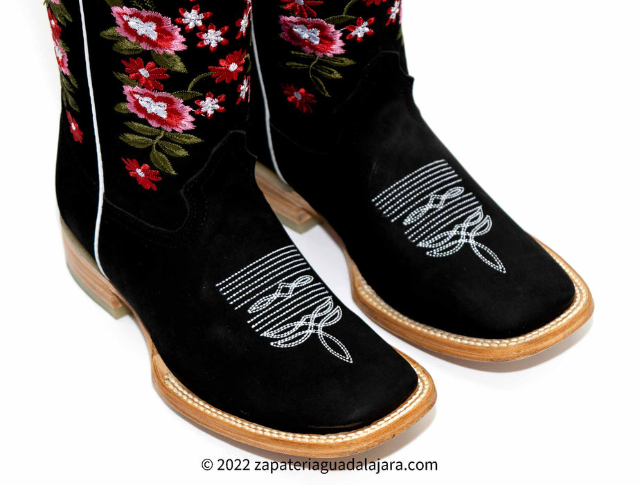 WOMEN RODEO BOOT CRAZY BLACK FLOWERS | Genuine Leather Vaquero Boots and Cowboy Hats | Zapateria Guadalajara | Authentic Mexican Western Wear