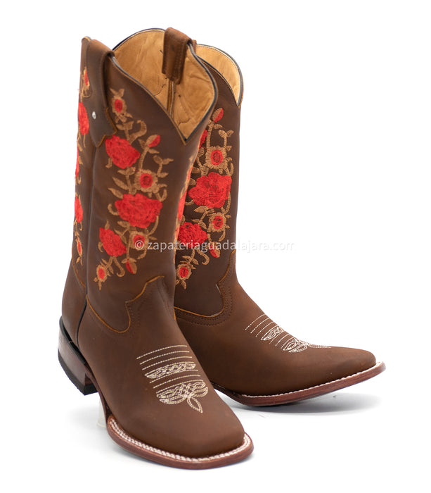 Women's Western Rodeo Square Toe Cowgirl Boots Brown Botas Vaqueras de Dama