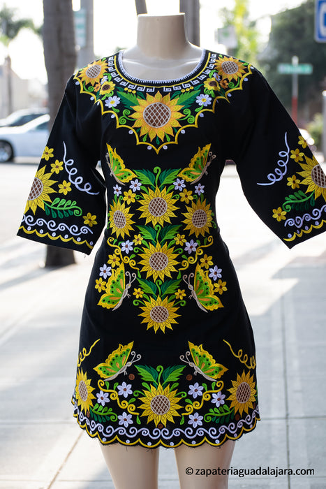 ARTESIAN EMBROIDERED SUNFLOWER DRESS MAYA BLACK | Genuine Leather Vaquero Boots and Cowboy Hats | Zapateria Guadalajara | Authentic Mexican Western Wear