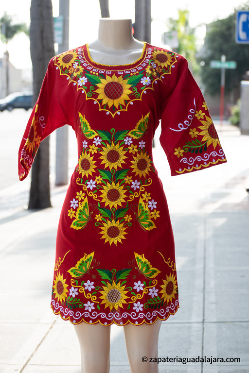 ARTESIAN EMBROIDERED SUNFLOWER DRESS MAYA RED | Genuine Leather Vaquero Boots and Cowboy Hats | Zapateria Guadalajara | Authentic Mexican Western Wear