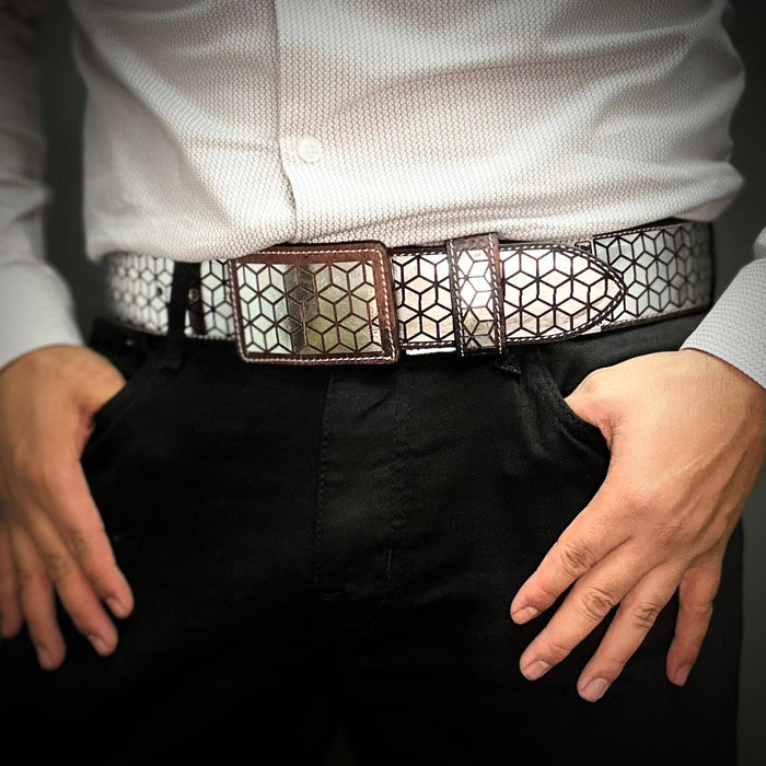 M003 LEATHER BELT SILVER | Genuine Leather Vaquero Boots and Cowboy Hats | Zapateria Guadalajara | Authentic Mexican Western Wear
