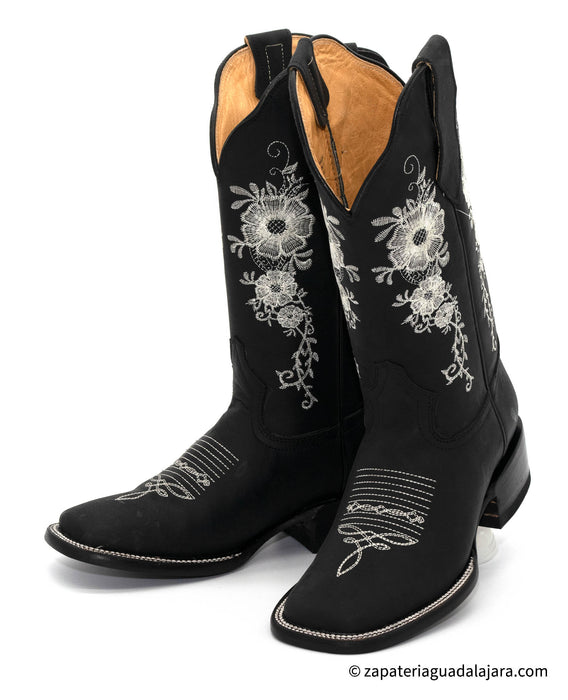 ZAP-001 WOMEN RODEO BOOT NOBUCK BLACK | Genuine Leather Vaquero Boots and Cowboy Hats | Zapateria Guadalajara | Authentic Mexican Western Wear