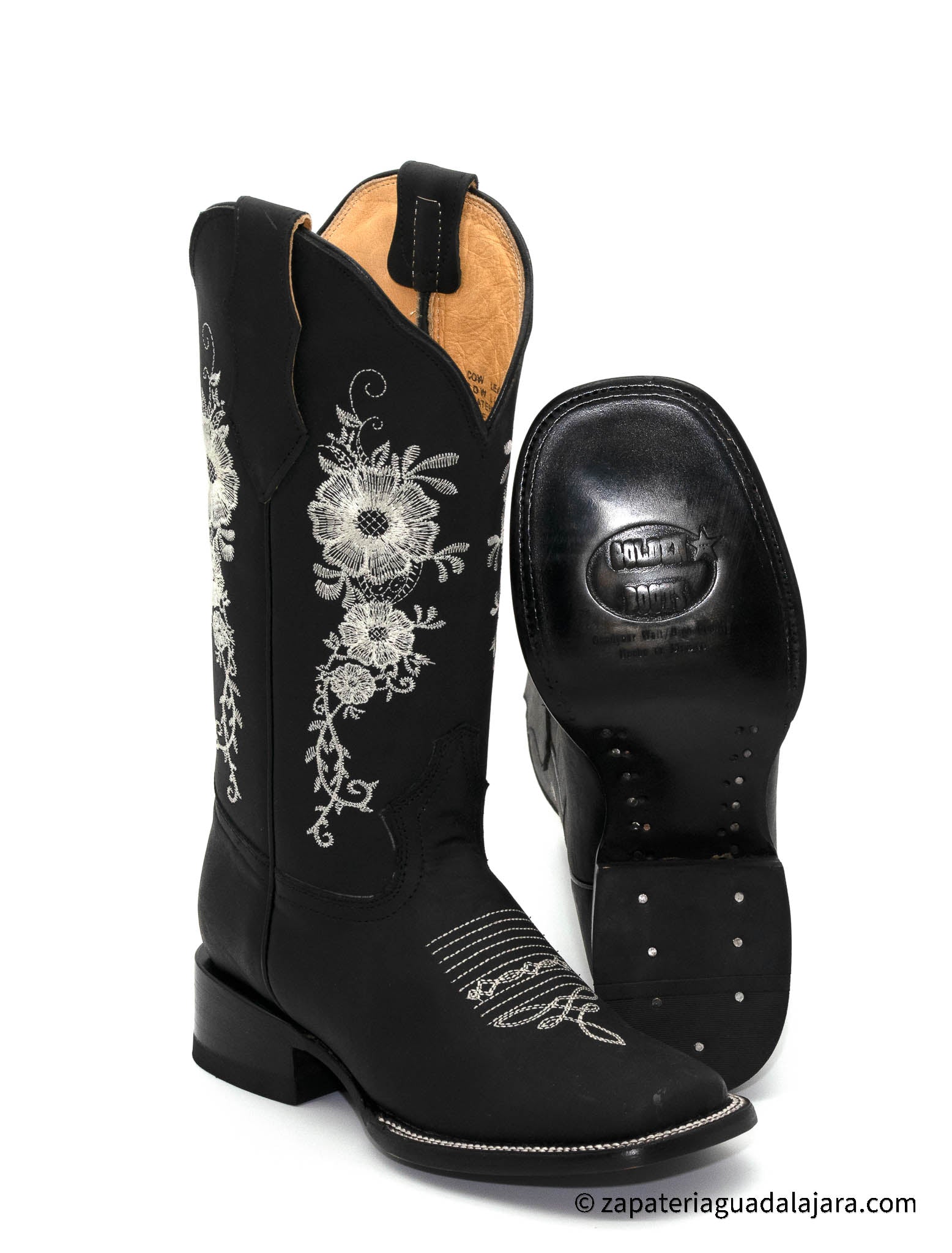Women's Wide Square Toe Crazy Black embroidered leather boot